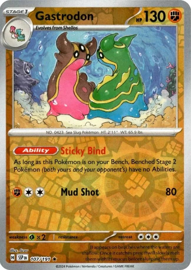 Gastrodon reverse holo card front, Surging Sparks 107/191