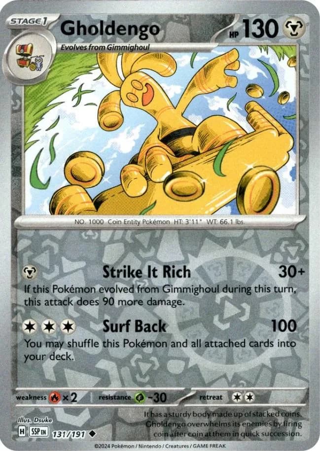 Gholdengo reverse holo card front, Surging Sparks 131/191