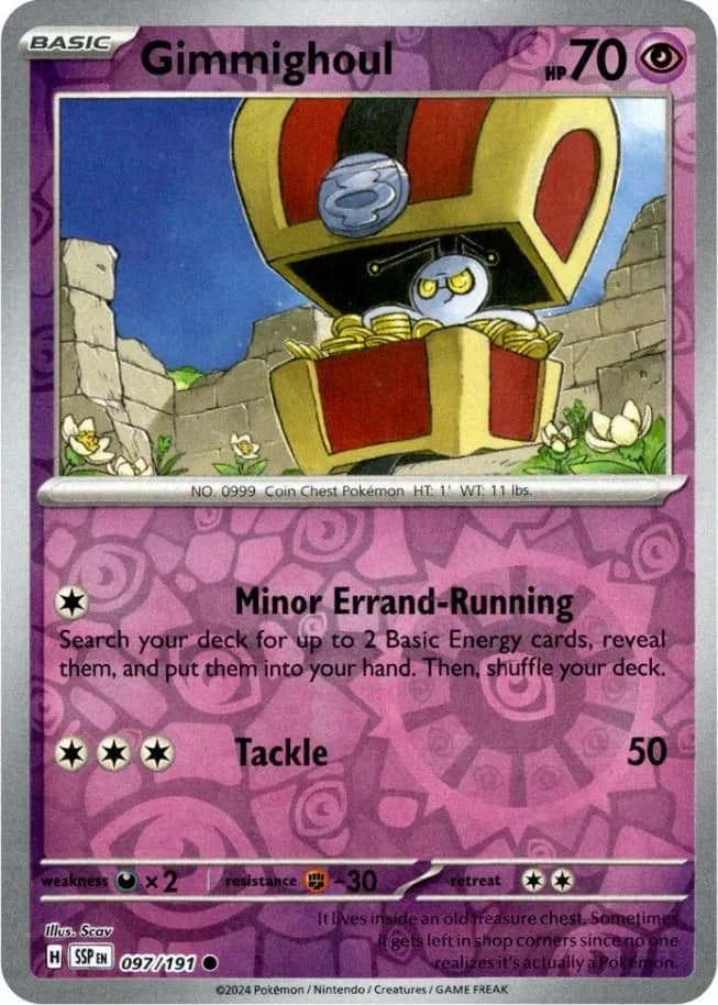 Gimmighoul reverse holo card front, Surging Sparks 97/191