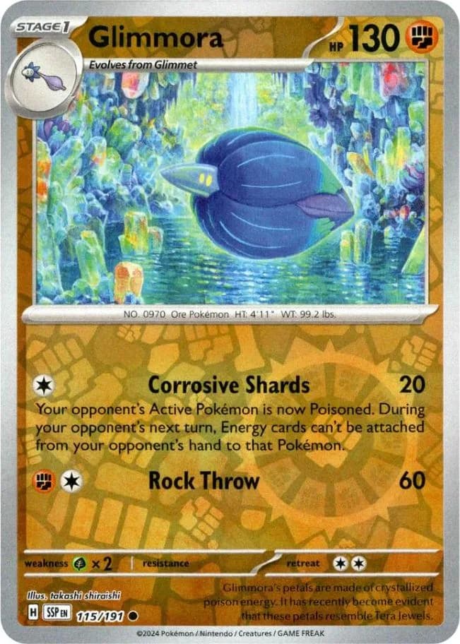 Glimmora reverse holo card front, Surging Sparks 115/191