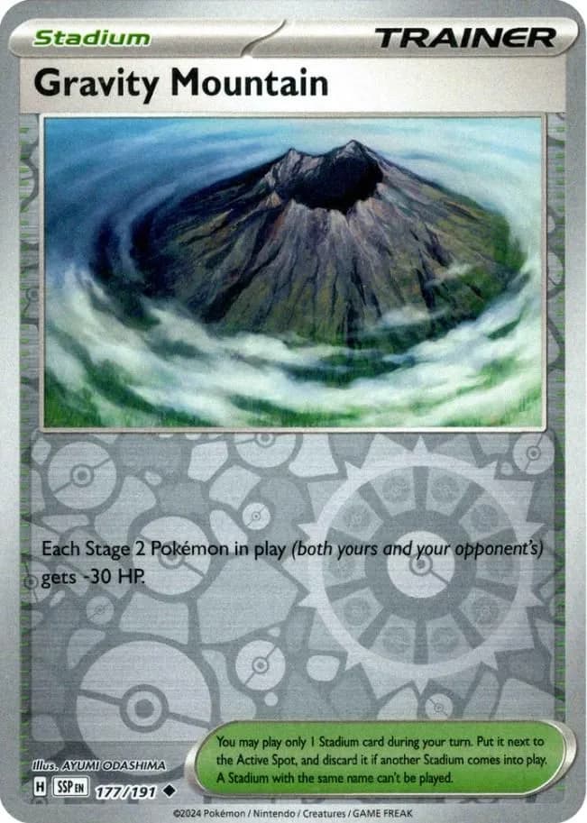 Gravity Mountain reverse holo card front, Surging Sparks 177/191