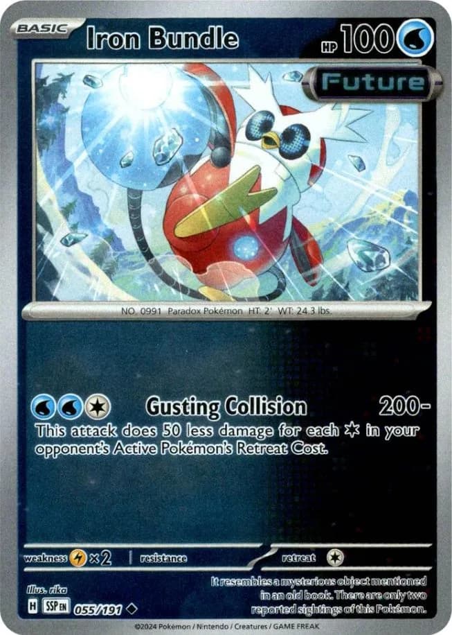 Iron Bundle reverse holo card front, Surging Sparks 55/191