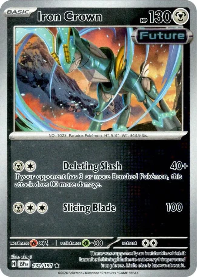 Iron Crown reverse holo card front, Surging Sparks 132/191