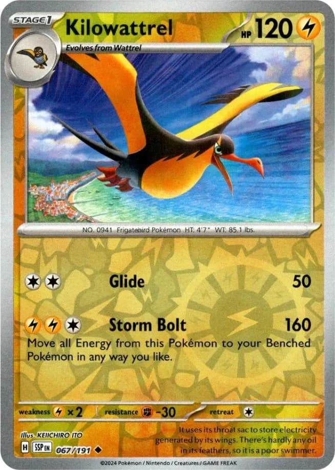 Kilowattrel reverse holo card front, Surging Sparks 67/191