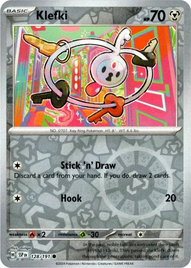 Klefki reverse holo card front, Surging Sparks 128/191