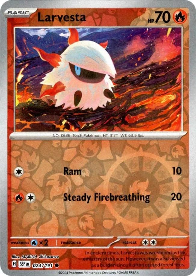 Larvesta reverse holo card front, Surging Sparks 24/191