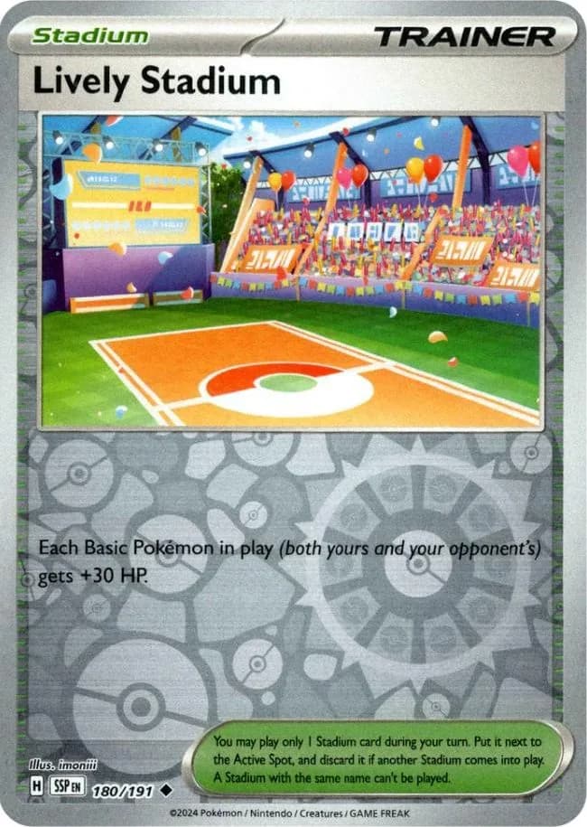 Lively Stadium reverse holo card front, Surging Sparks 180/191