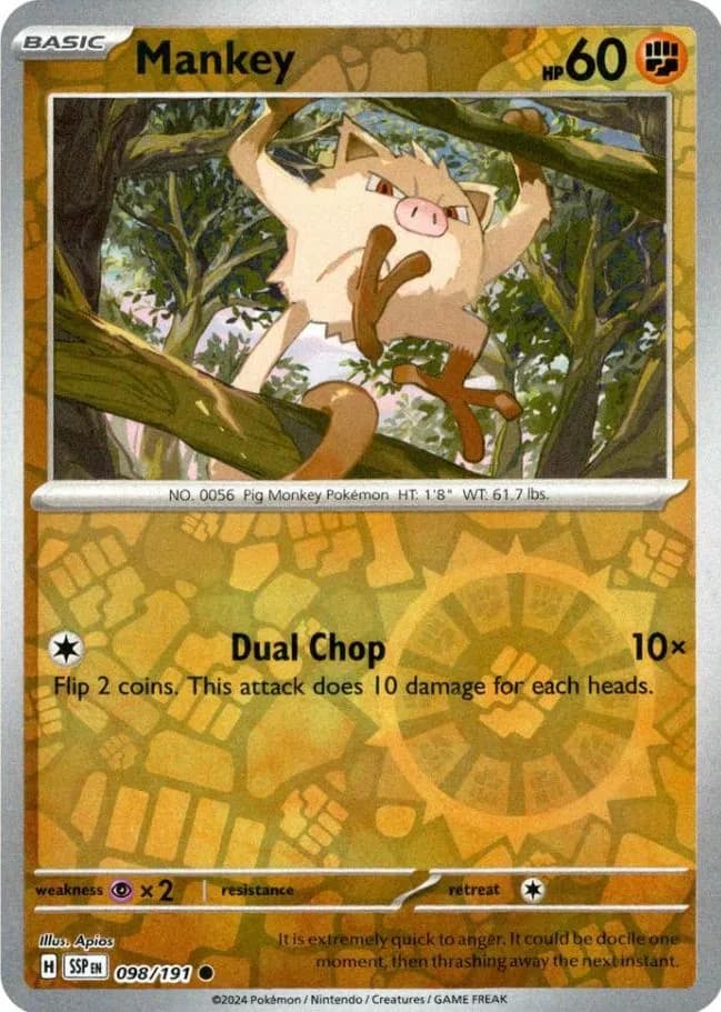 Mankey reverse holo card front, Surging Sparks 98/191