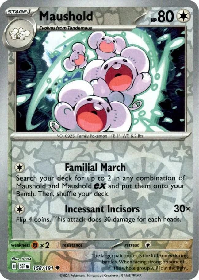 Maushold reverse holo card front, Surging Sparks 158/191
