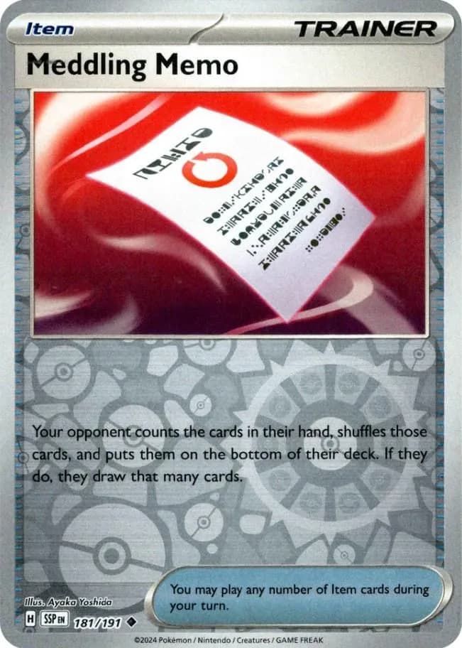 Meddling Memo reverse holo card front, Surging Sparks 181/191