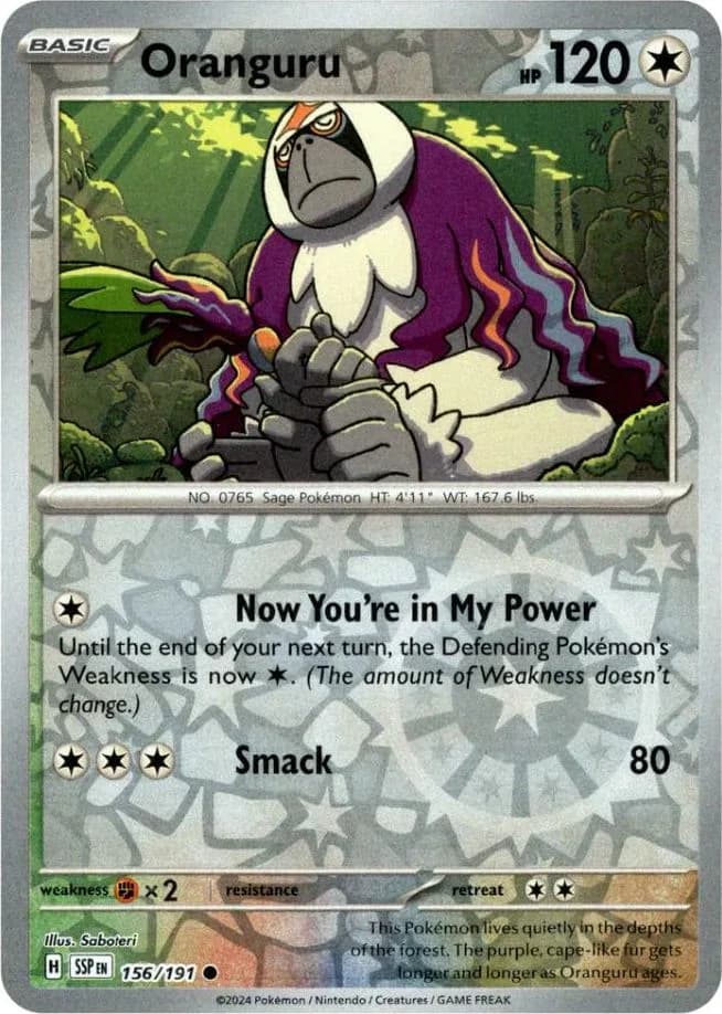 Oranguru reverse holo card front, Surging Sparks 156/191