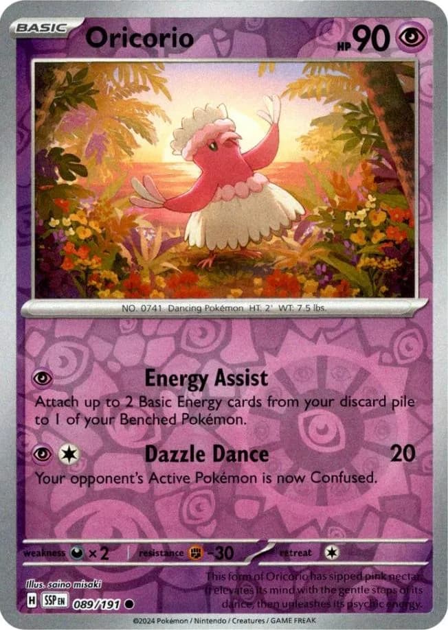 Oricorio reverse holo card front, Surging Sparks 89/191