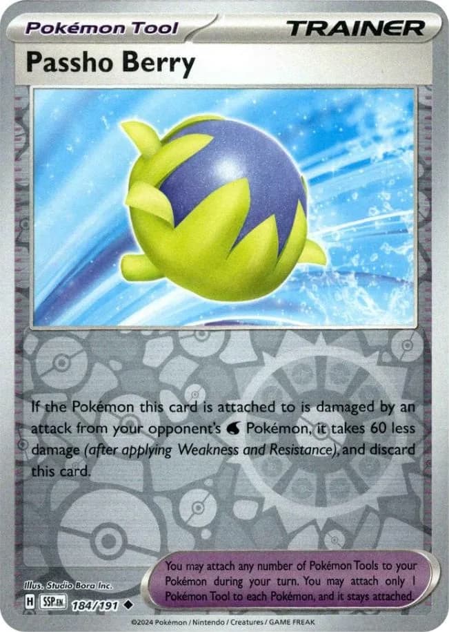 Passho Berry reverse holo card front, Surging Sparks 184/191