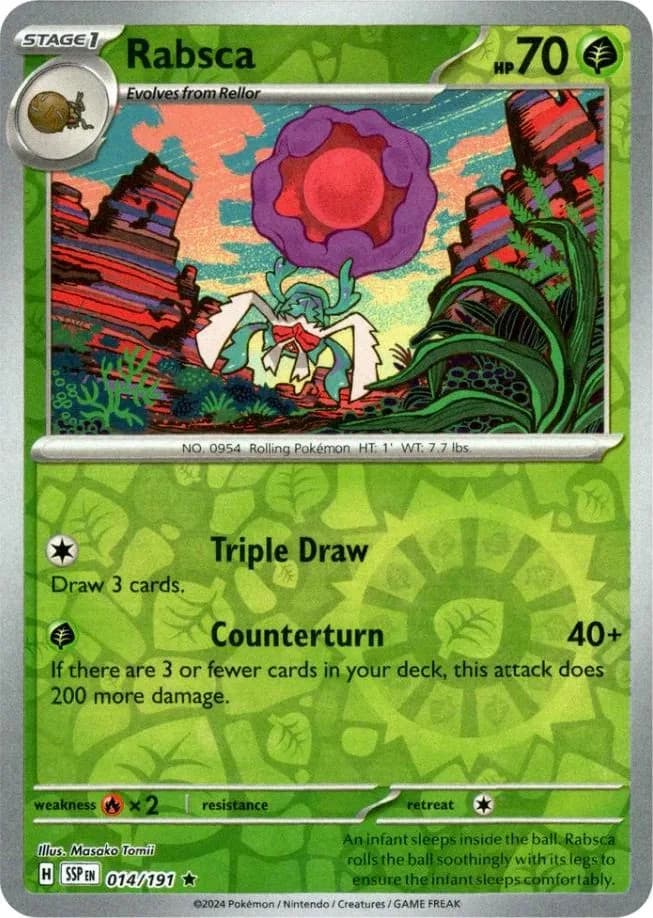 Rabsca reverse holo card front, Surging Sparks 14/191