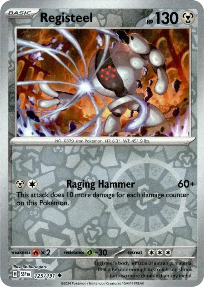 Registeel reverse holo card front, Surging Sparks 125/191