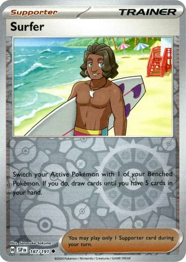 Surfer reverse holo card front, Surging Sparks 187/191
