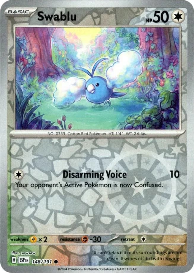Swablu reverse holo card front, Surging Sparks 148/191