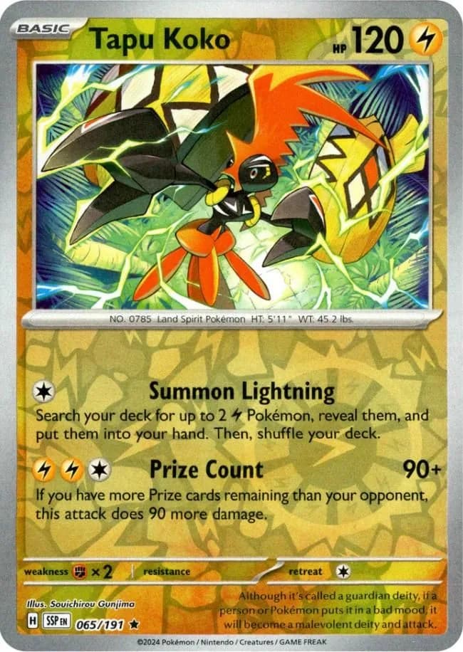 Tapu Koko reverse holo card front, Surging Sparks 65/191