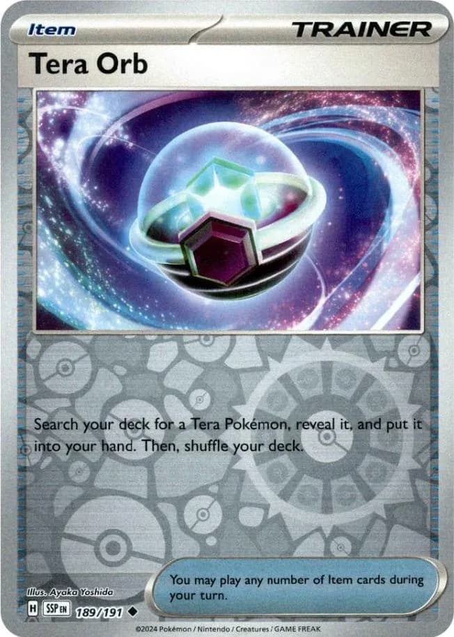 Tera Orb reverse holo card front, Surging Sparks 189/191
