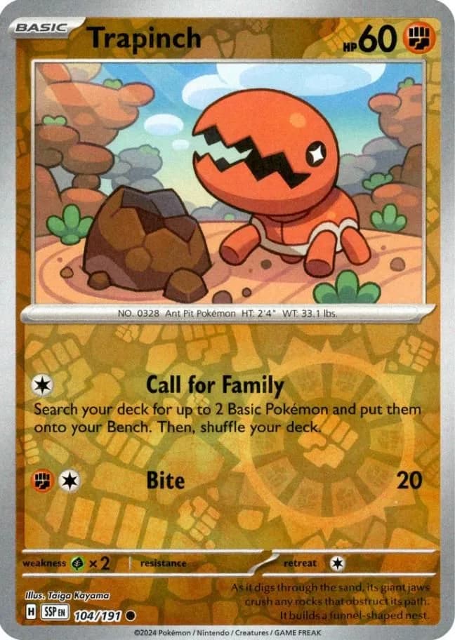 Trapinch reverse holo card front, Surging Sparks 104/191