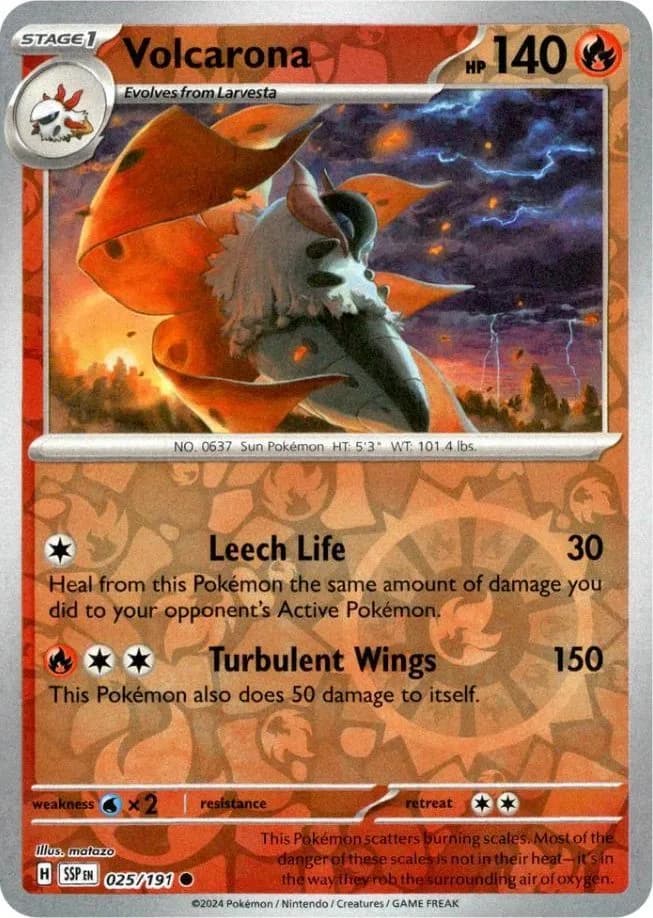 Volcarona reverse holo card front, Surging Sparks 25/191