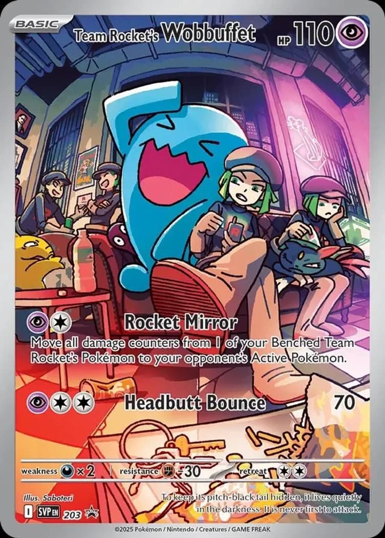 Team Rocket's Wobbuffet card front, Scarlet & Violet Black Star Promos 203