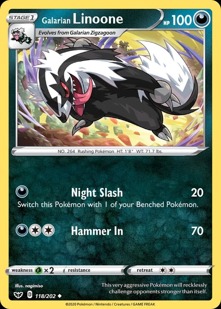 Sword & Shield Galarian Linoone card front, 118/202
