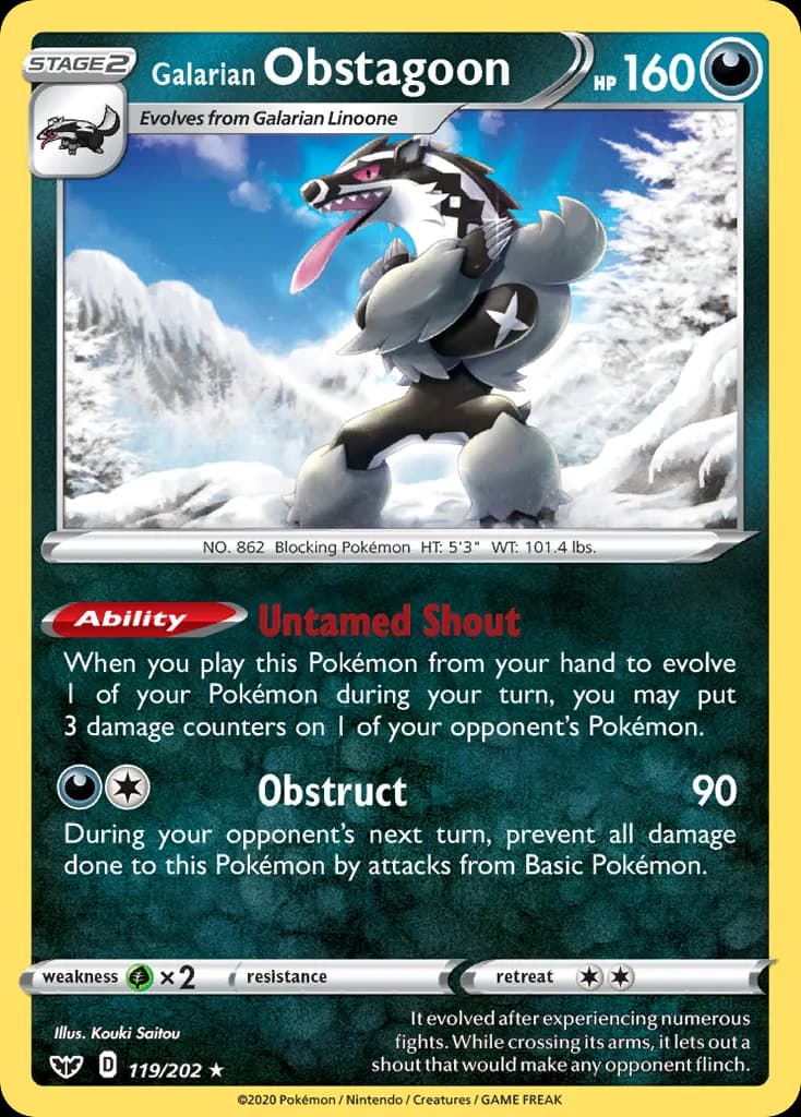 Sword & Shield Galarian Obstagoon card front, 119/202