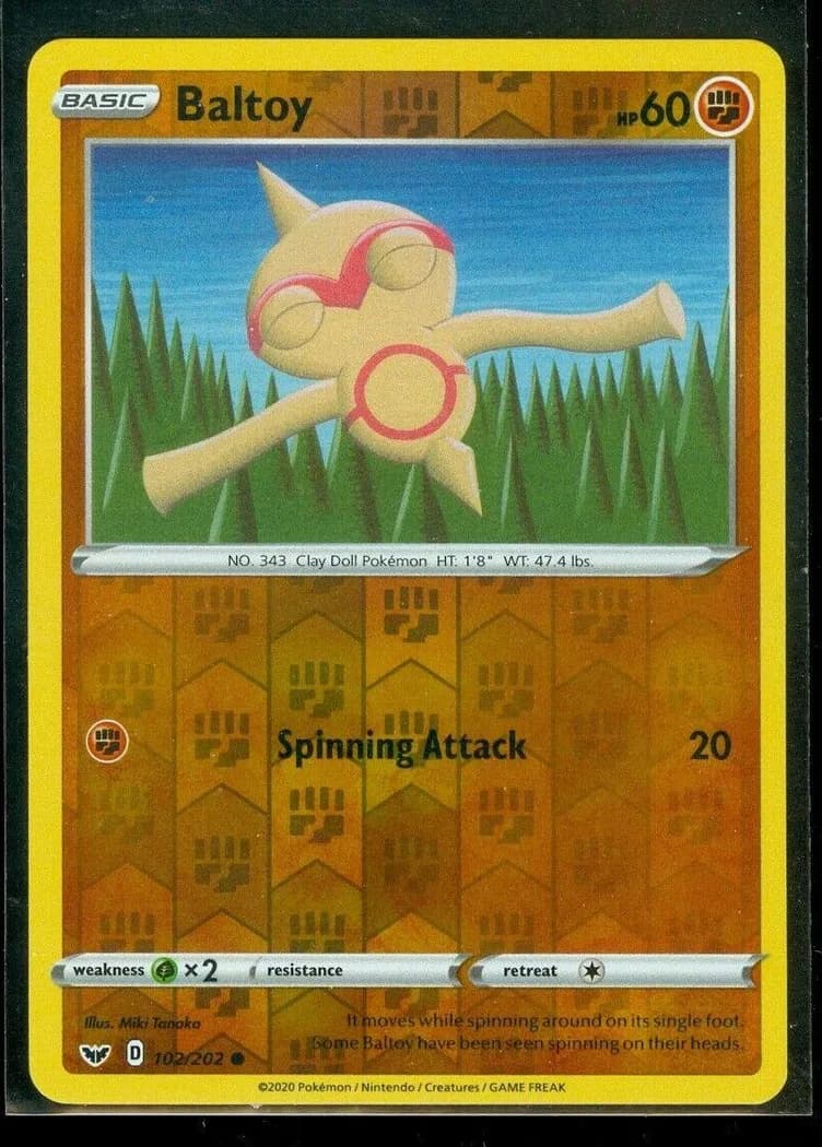 Baltoy reverse holo card front, Sword & Shield 102/202