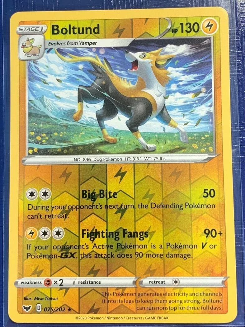 Boltund reverse holo card front, Sword & Shield 75/202