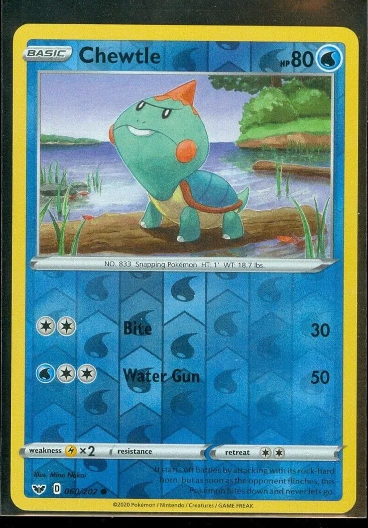 Chewtle reverse holo card front, Sword & Shield 60/202