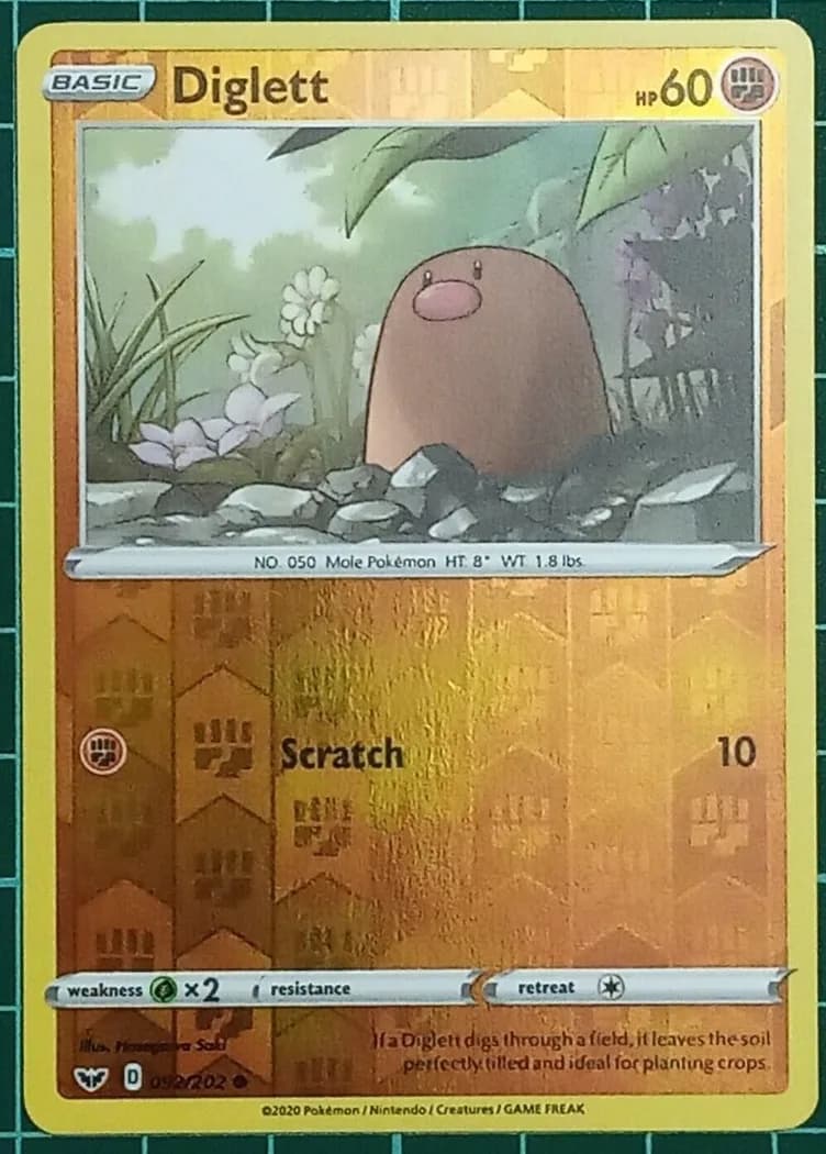 Diglett reverse holo card front, Sword & Shield 92/202