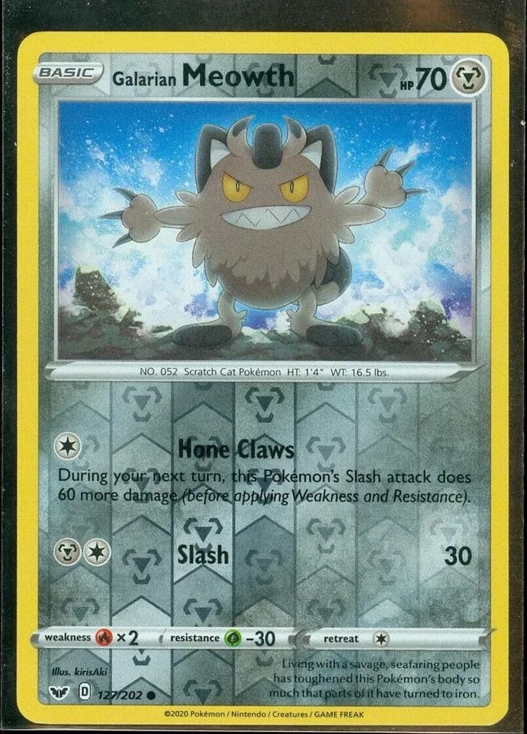 Galarian Meowth reverse holo card front, Sword & Shield 127/202