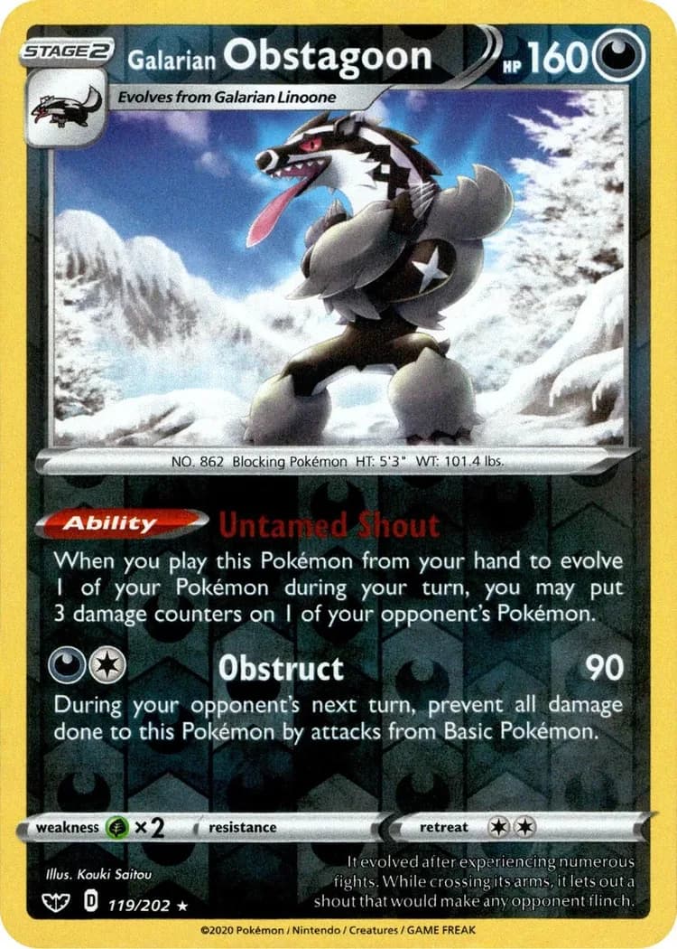 Galarian Obstagoon reverse holo card front, Sword & Shield 119/202