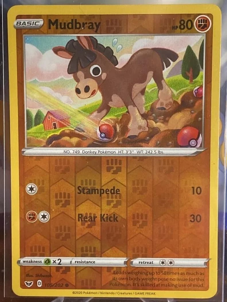 Mudbray reverse holo card front, Sword & Shield 105/202