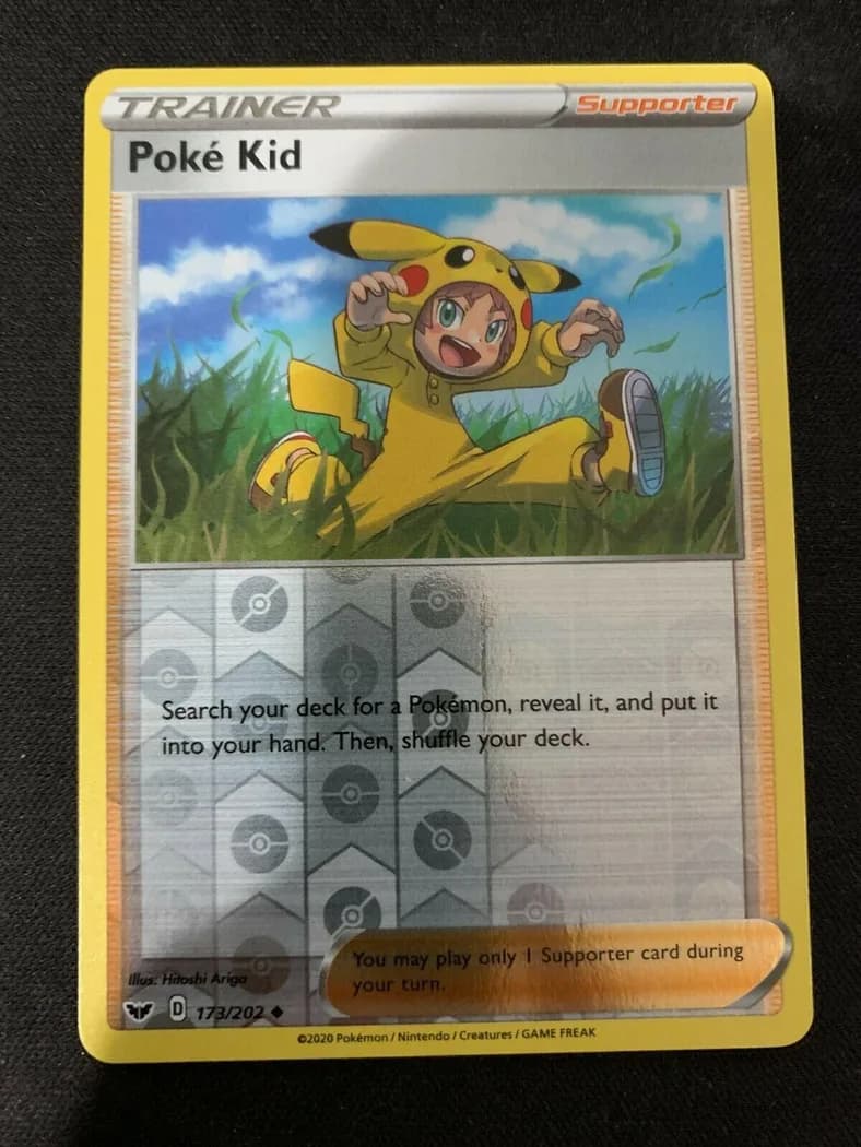 Poké Kid reverse holo card front, Sword & Shield 173/202