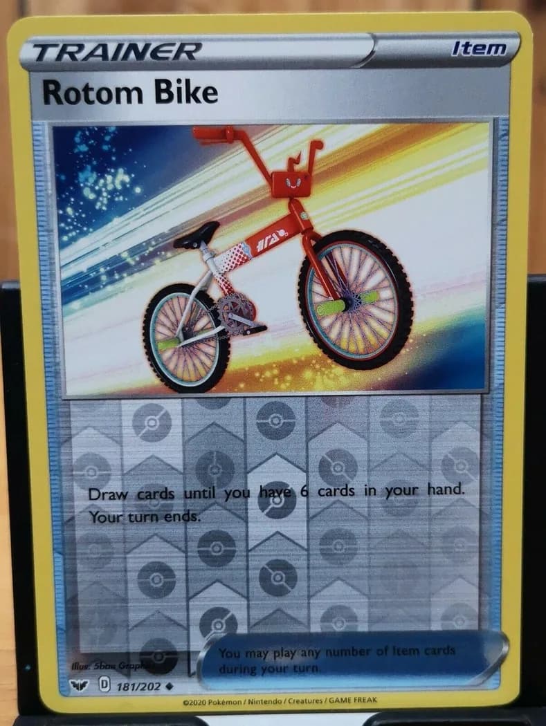 Rotom Bike reverse holo card front, Sword & Shield 181/202