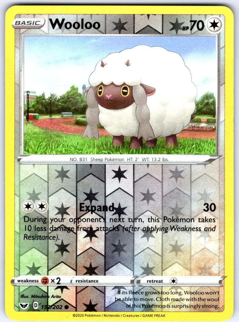 Wooloo reverse holo card front, Sword & Shield 152/202