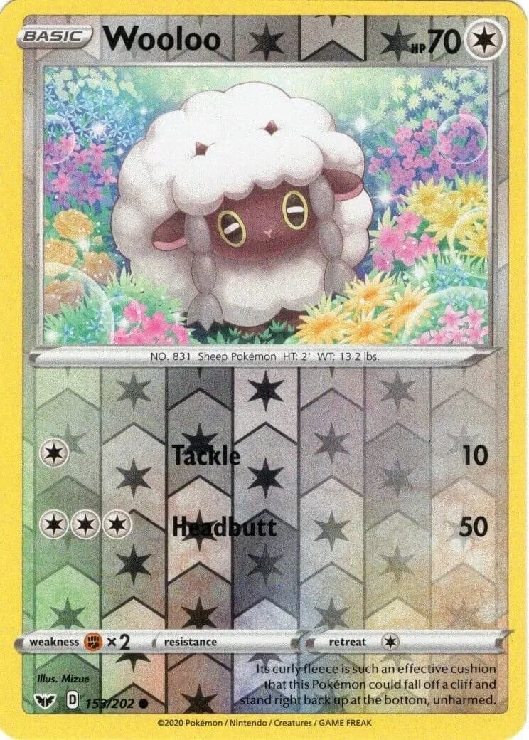 Wooloo reverse holo card front, Sword & Shield 153/202