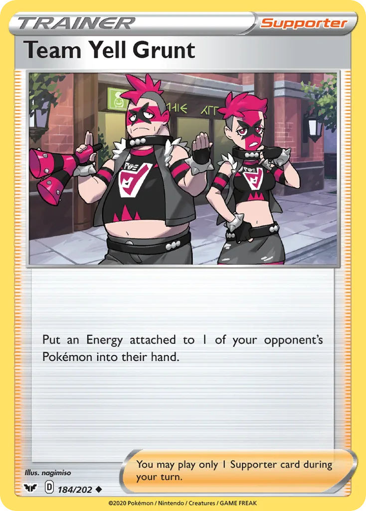 Team Yell Grunt, Sword & Shield 184/202, English non-holo base-card reference; reverse-holo finish is not shown