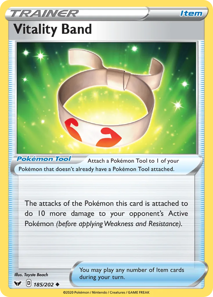 Vitality Band, Sword & Shield 185/202, English non-holo base-card reference; reverse-holo finish is not shown