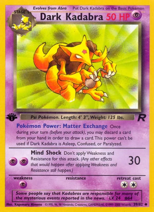1st Edition Dark Kadabra card front, Team Rocket 39/82