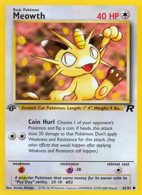 1st Edition Meowth card front, Team Rocket 62/82