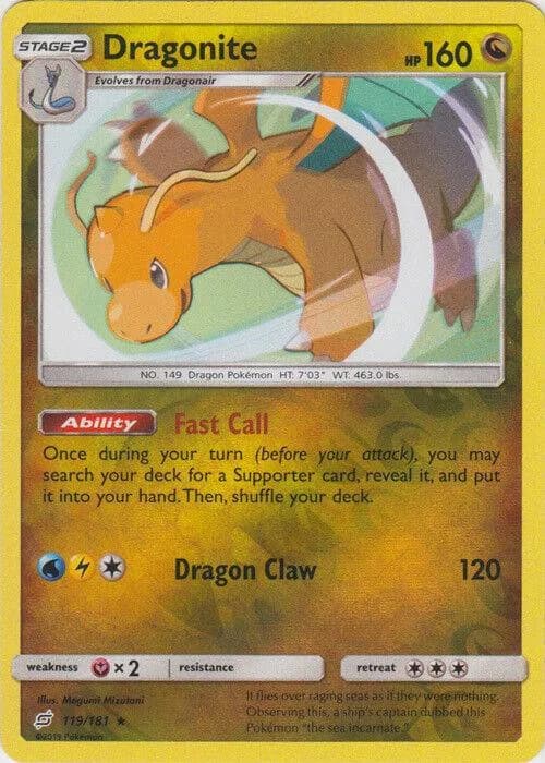 Dragonite reverse holo card front, Team Up 119/181