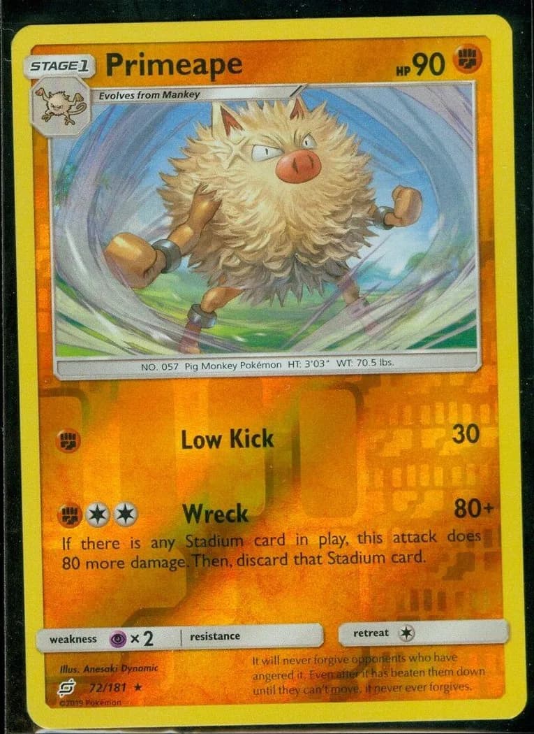 Primeape reverse holo card front, Team Up 72/181