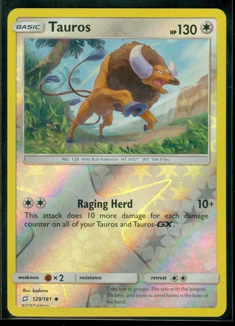 Tauros reverse holo card front, Team Up 129/181