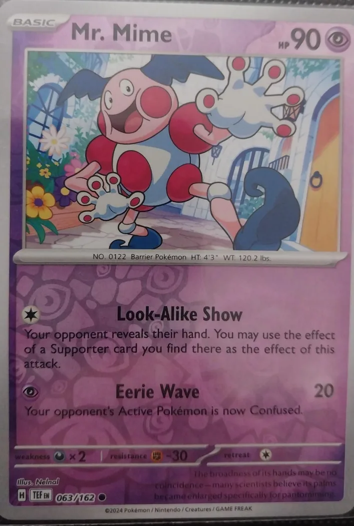 Mr. Mime reverse holo card front, Temporal Forces 63/162