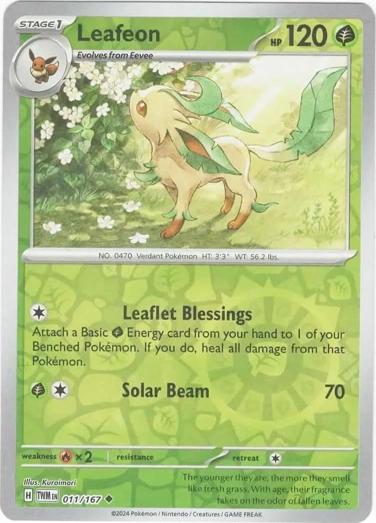 Leafeon reverse holo card front, Twilight Masquerade 11/167