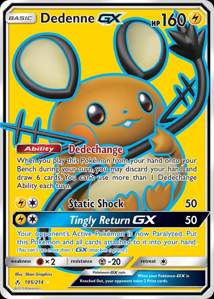 Unbroken Bonds Dedenne-GX card front, 195/214