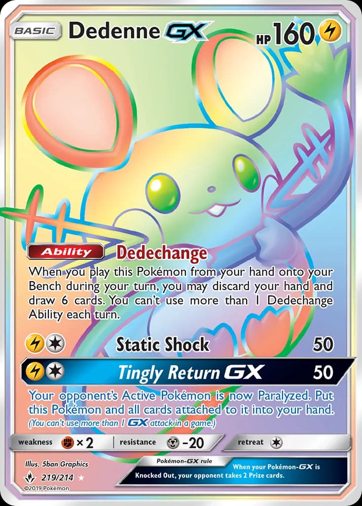 Unbroken Bonds Dedenne-GX card front, 219/214